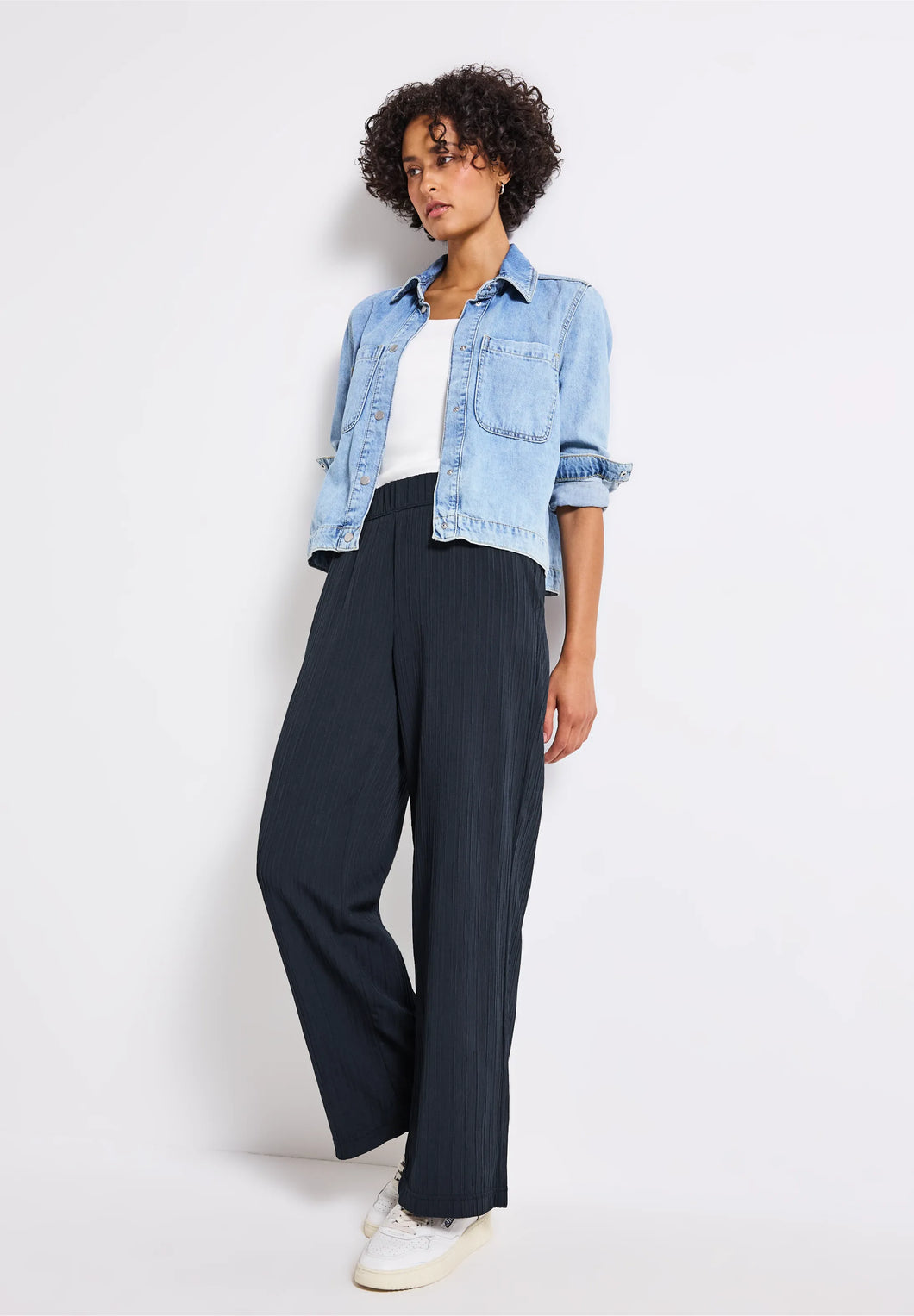 Street One Wide Leg Navy Crinkle Pants 379545